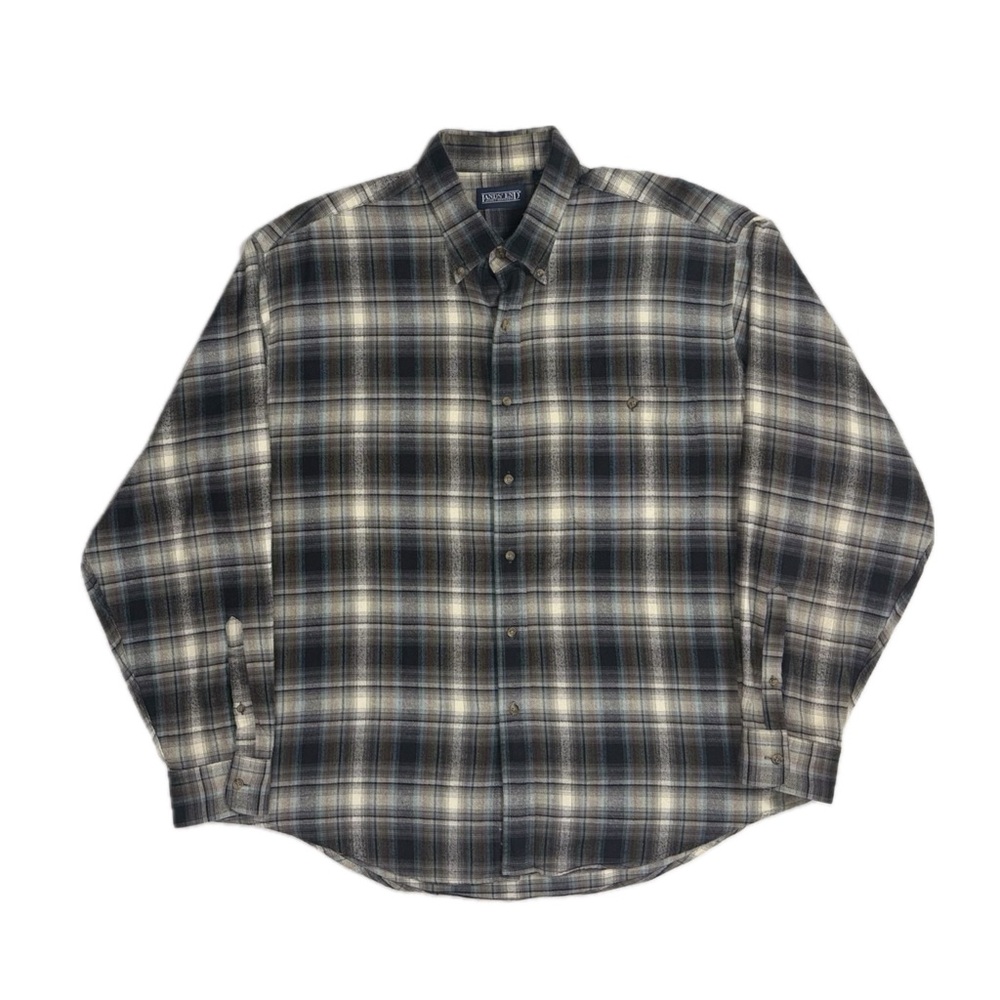 Vintage 90s Lands End‎ 100% cotton brown plaid flannel button up shirt mens XL